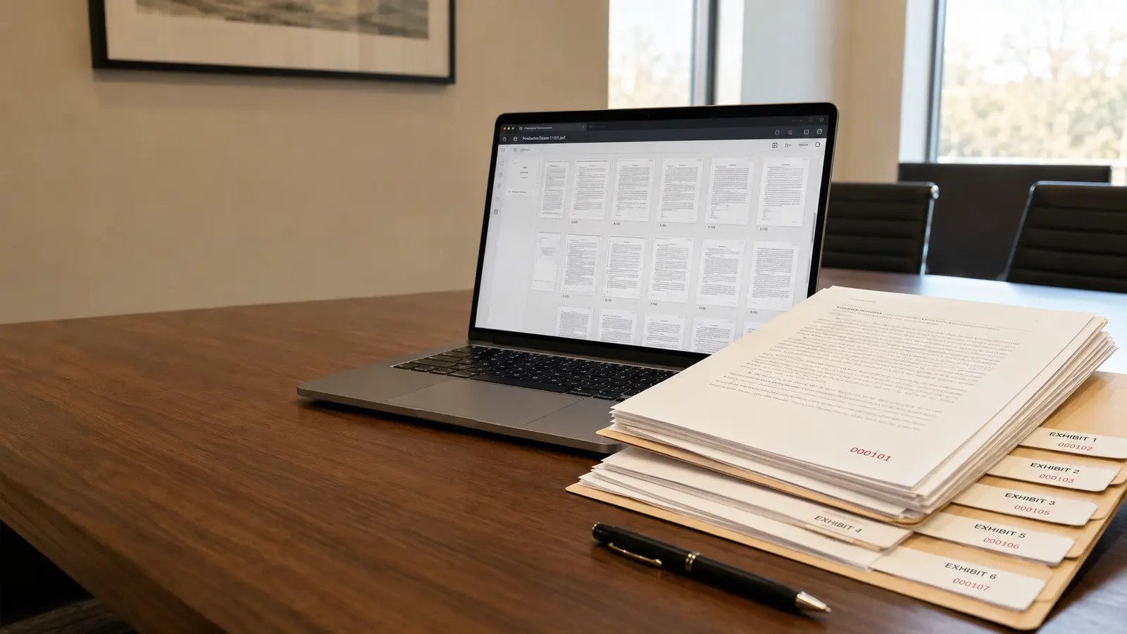 Tabbed and stamped exhibit binders laid out on a conference room table